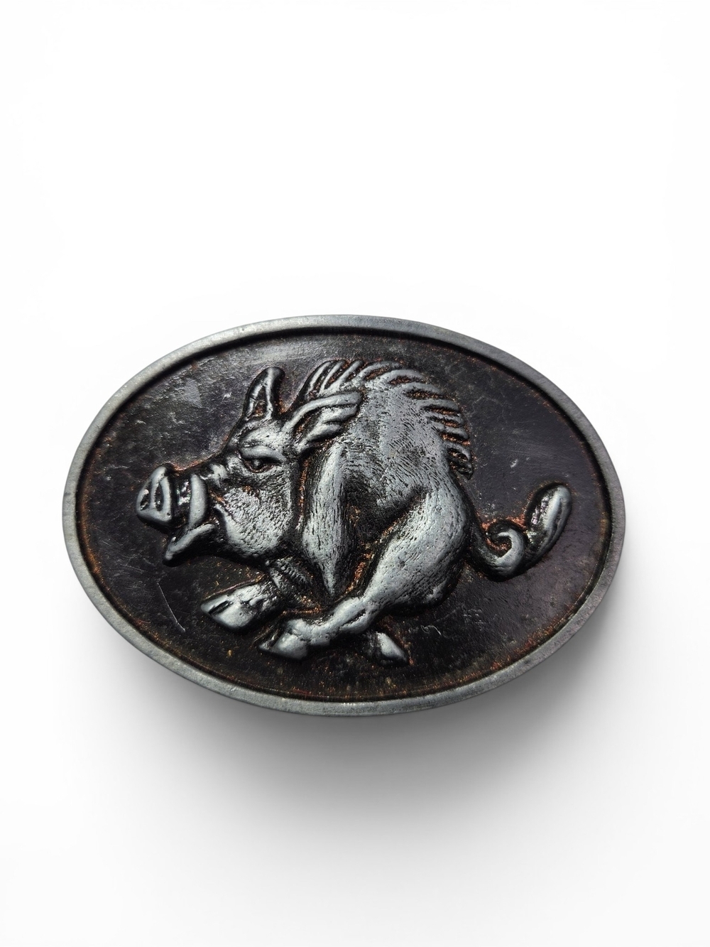 Vintage Stamped Model 895 Wild Boar Belt Buckle Silver Tone Oval Razorback Hog